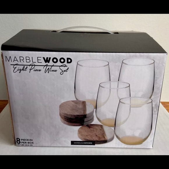 Marblewood Kitchen WINE GLASSES And COASTERS Set of 8 Marble and Wood Coaster - Picture 1 of 4